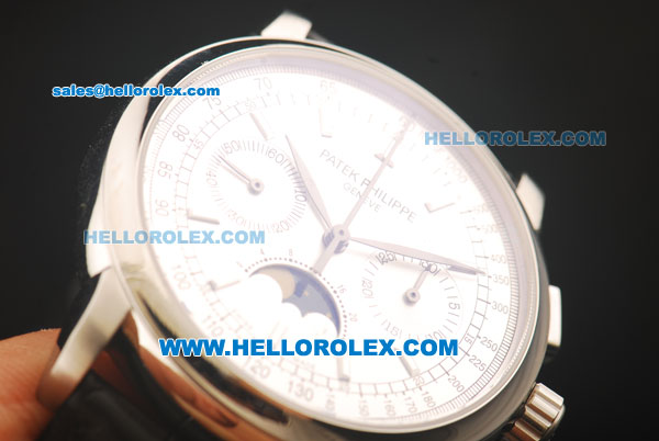 Patek Philippe Moonphase Chronograph Swiss Valjoux 7750 Manual Winding Movement Steel Case with Stick Markers and Black Leather Strap - Click Image to Close